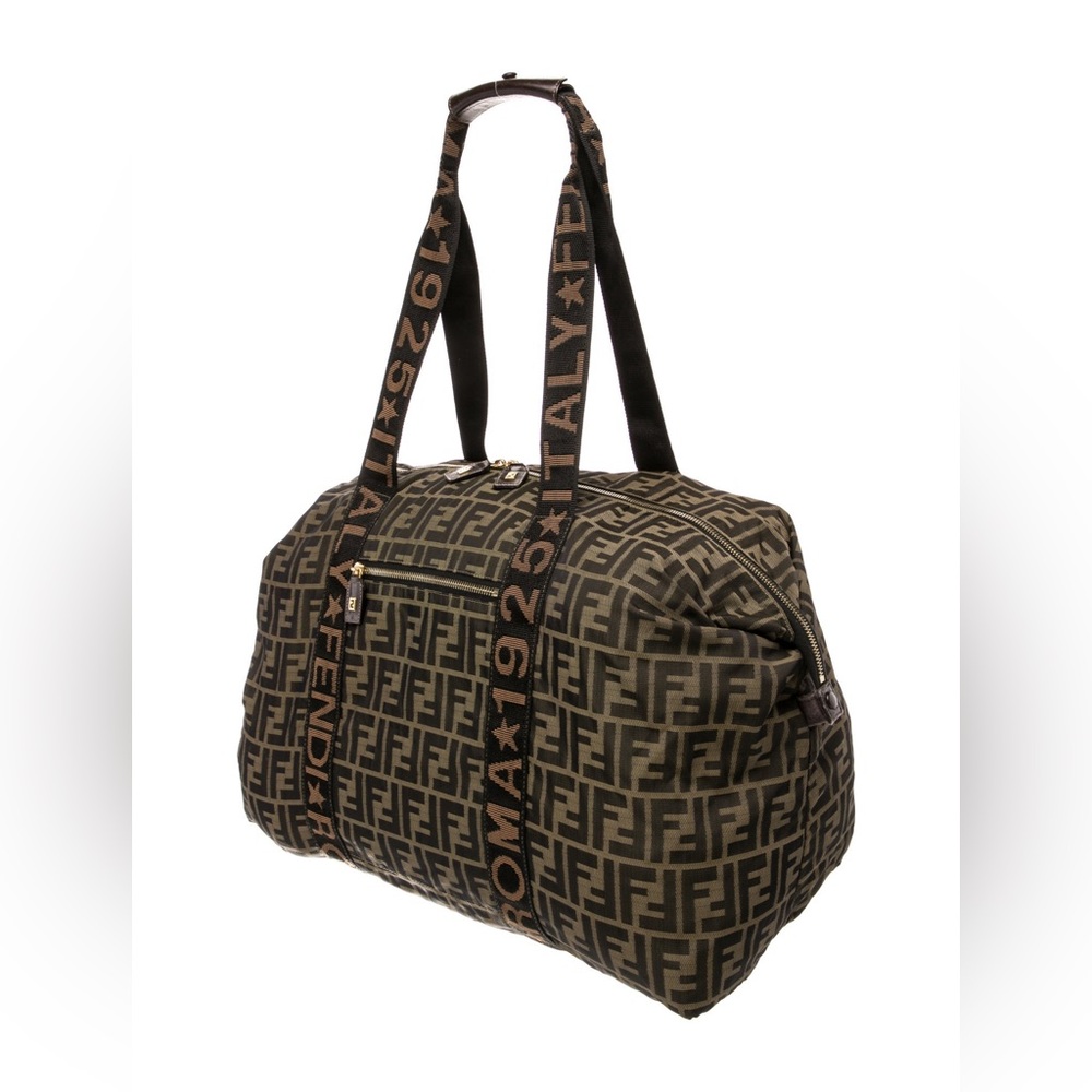 Fendi Zucca Duffel Bag Brown Canvas Leather Trim Travel Boston - Picture 6 of 11